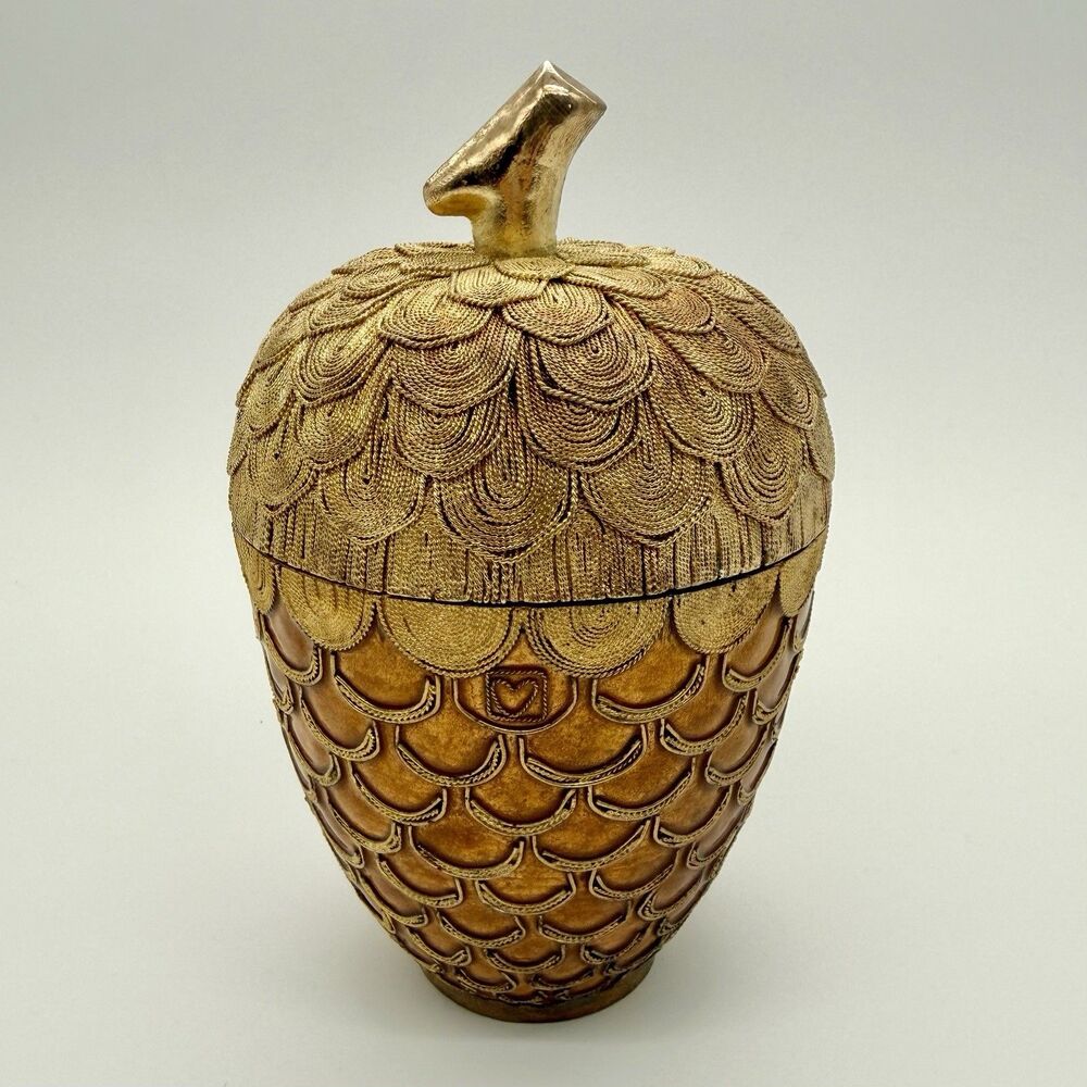 VNTG Nicki Yassaman NYCO Cloisonne Gold Enamel Acorn Metal Ornate Trinket Jar
